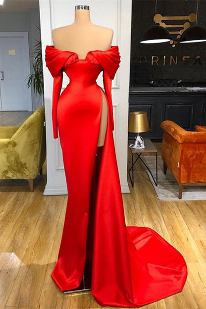 Long Sleeves Red Split Prom Dress Off-The-Shoulder Mermaid