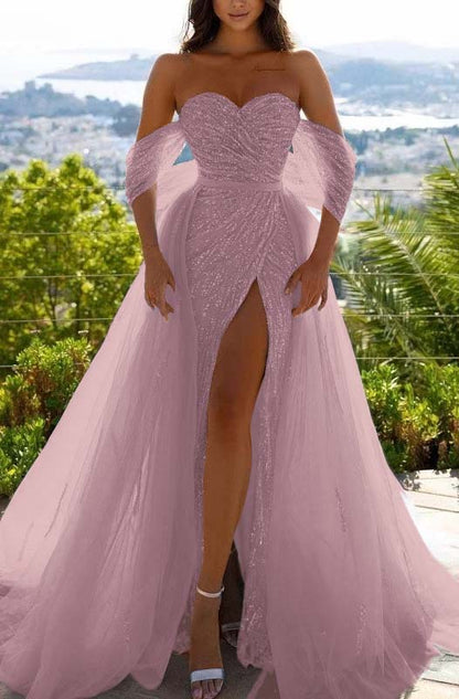 Off-the-Shoulder Sequins Sky Blue Prom Dress With Slit
