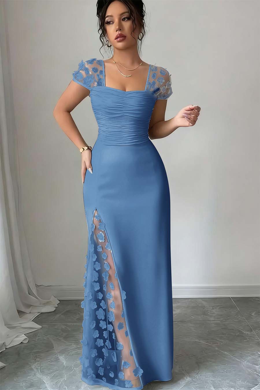 Glamorous Black Satin Applique Square Neck Pleated Prom Dress with Split