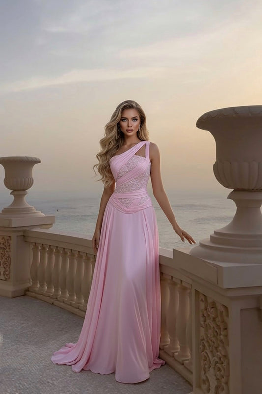 Pink One Shoulder Chic Long Dress With Beading