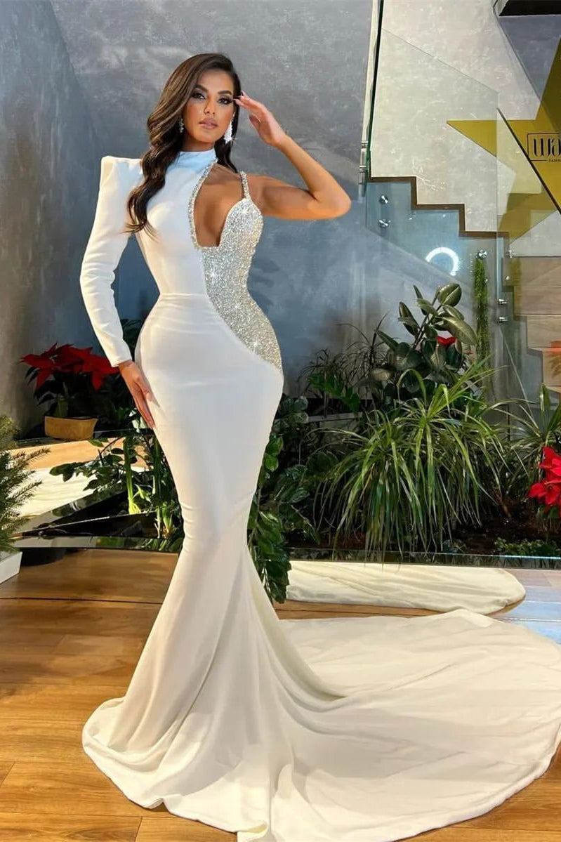White Sequins Mermaid Prom Dress One Shoulder
