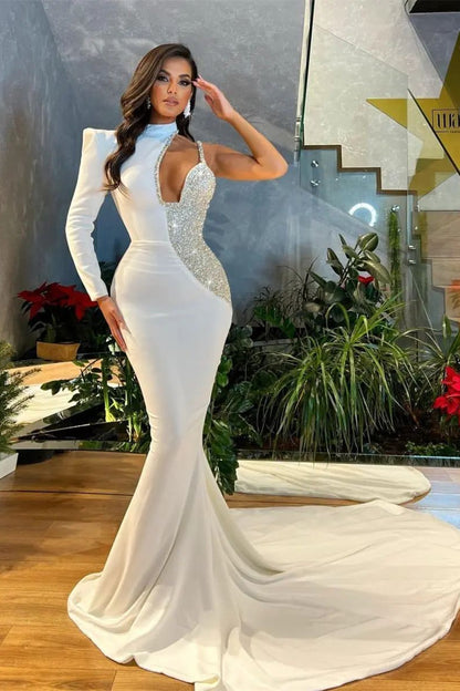 White Sequins Mermaid Prom Dress One Shoulder