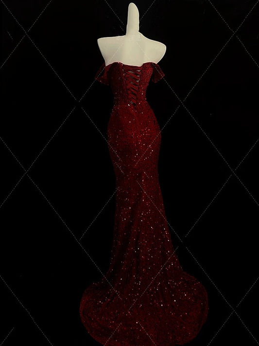 Classy Mermaid Sweetheart Red Slit Sequin Long Evening Gowns Prom Dress SD2766
