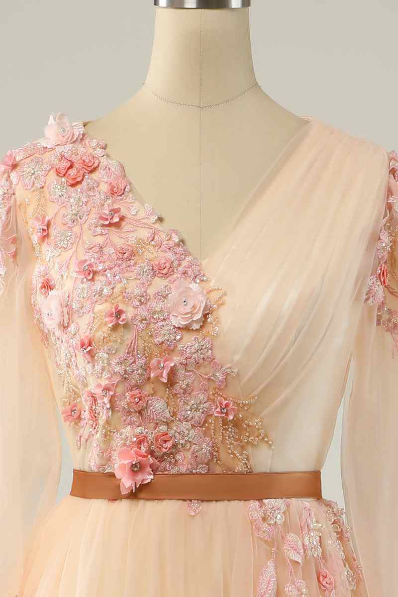 3D Floral V-Neck Long Sleeves Tulle A-Line Prom Party Dress