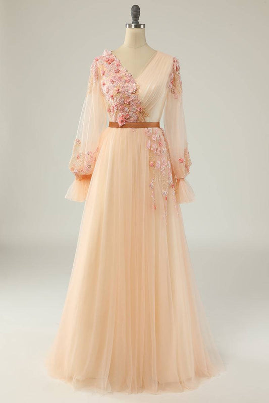 3D Floral V-Neck Long Sleeves Tulle A-Line Prom Party Dress