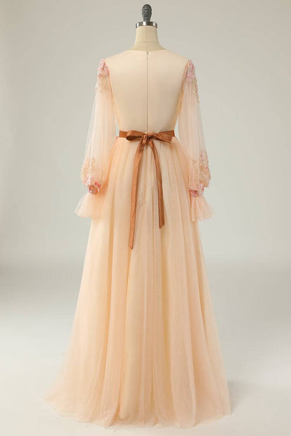 3D Floral V-Neck Long Sleeves Tulle A-Line Prom Party Dress
