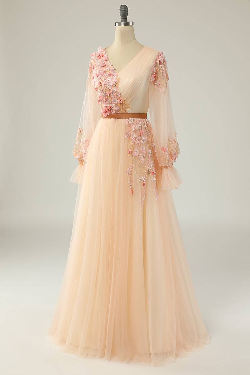 3D Floral V-Neck Long Sleeves Tulle A-Line Prom Party Dress