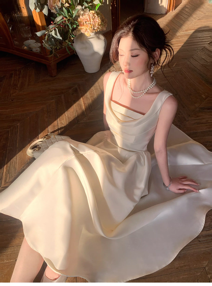 Elegant White Sleeveless Satin A Line Long Wedding Guest Dress Formal Birthday Evening Dress SP1641