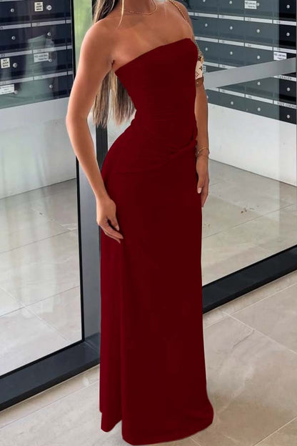 Cream-colored Semi-formal Strapless Pleated Sheath Prom Dress