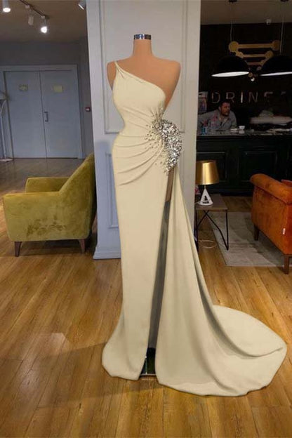 Spaghetti-strap Sequins One Shoulder Mermaid Prom Dress With Split