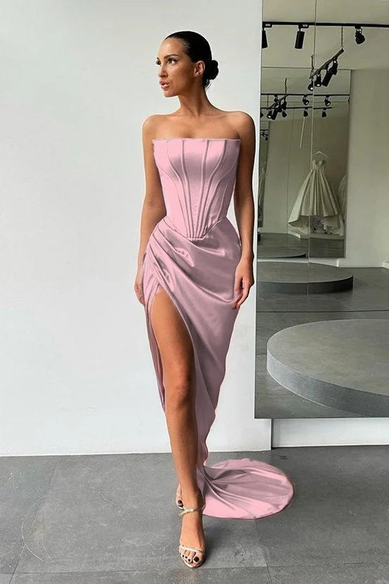 Strapless Slit Long Prom Dress Evening Party Gowns