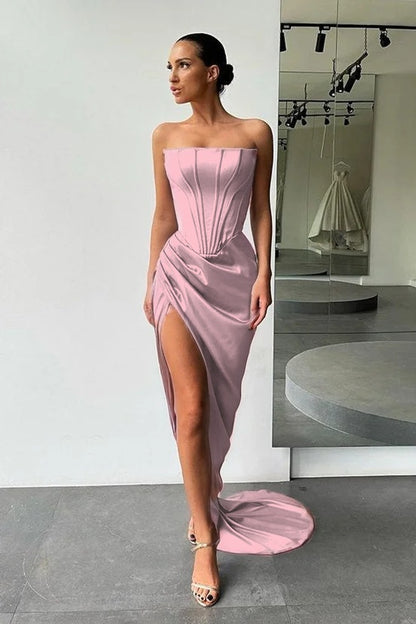 Strapless Slit Long Prom Dress Evening Party Gowns