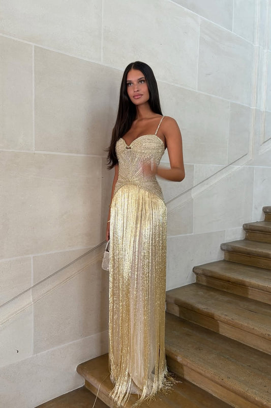 Elegant Sequin Fringe Long Sleeveless Prom Dress with Spaghetti Straps