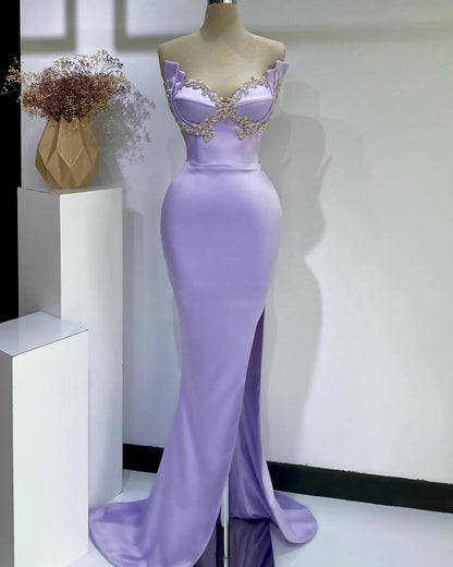 Purple Sleeveless Strapless Mermaid V-Neck Beads Prom Dress