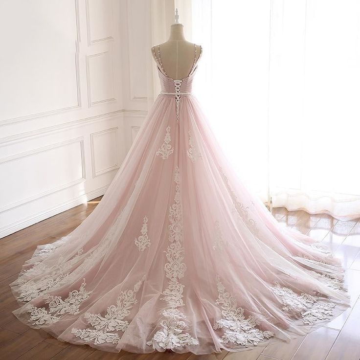 Light Pink A Line Beaded Appliques Tulle Prom Dress Evening Dress SH1625