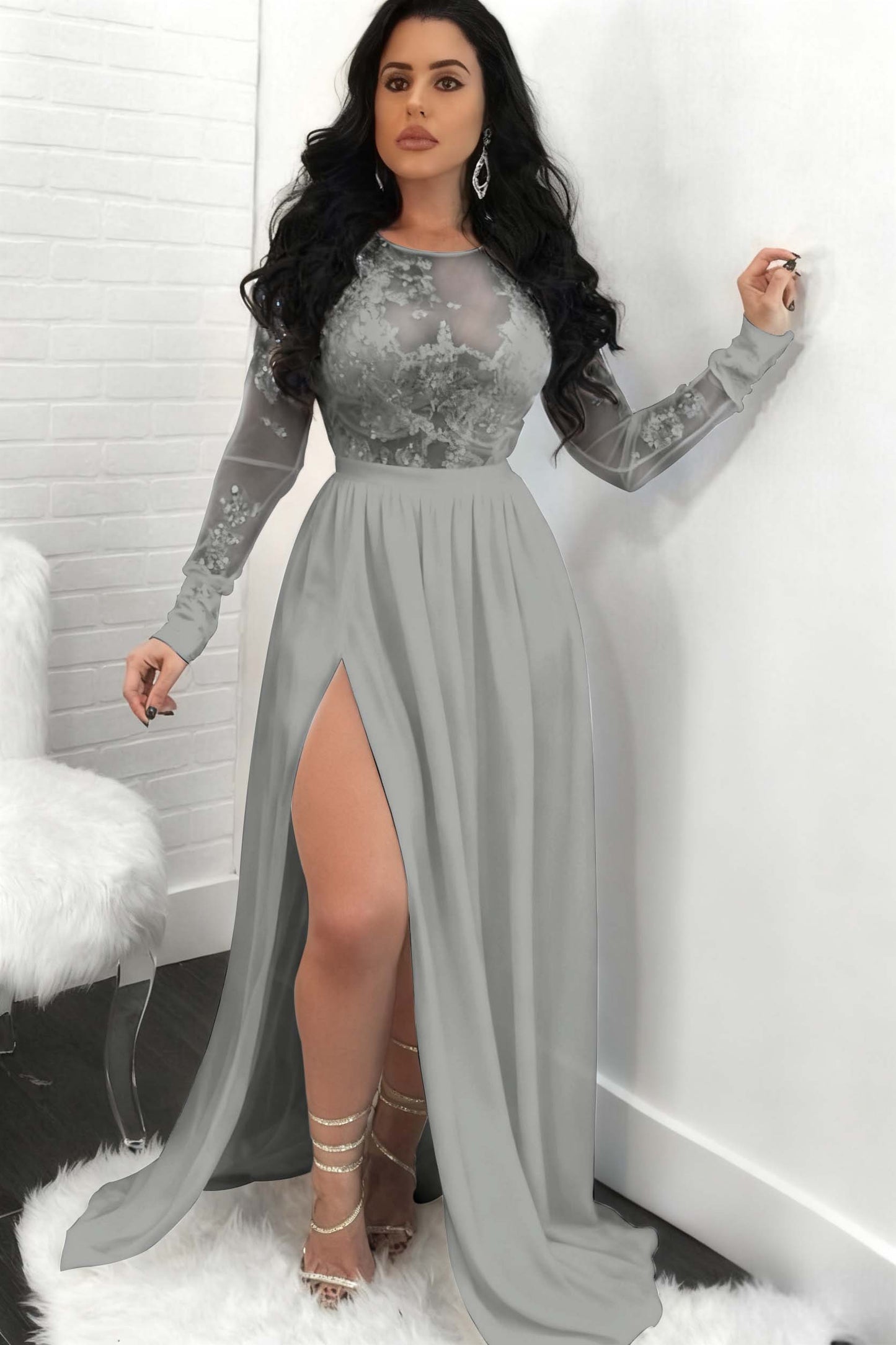 Sequins Long Sleeves Prom Dress Front Split