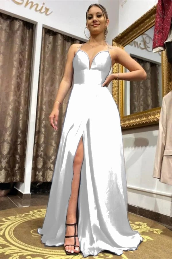 Long Royal Blue Slit Prom Dress Spaghetti-Straps