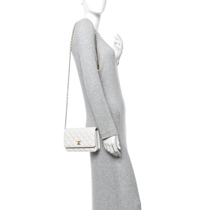 Shiny Crumpled Calfskin Quilted Enamel Heart Wallet On Chain WOC White