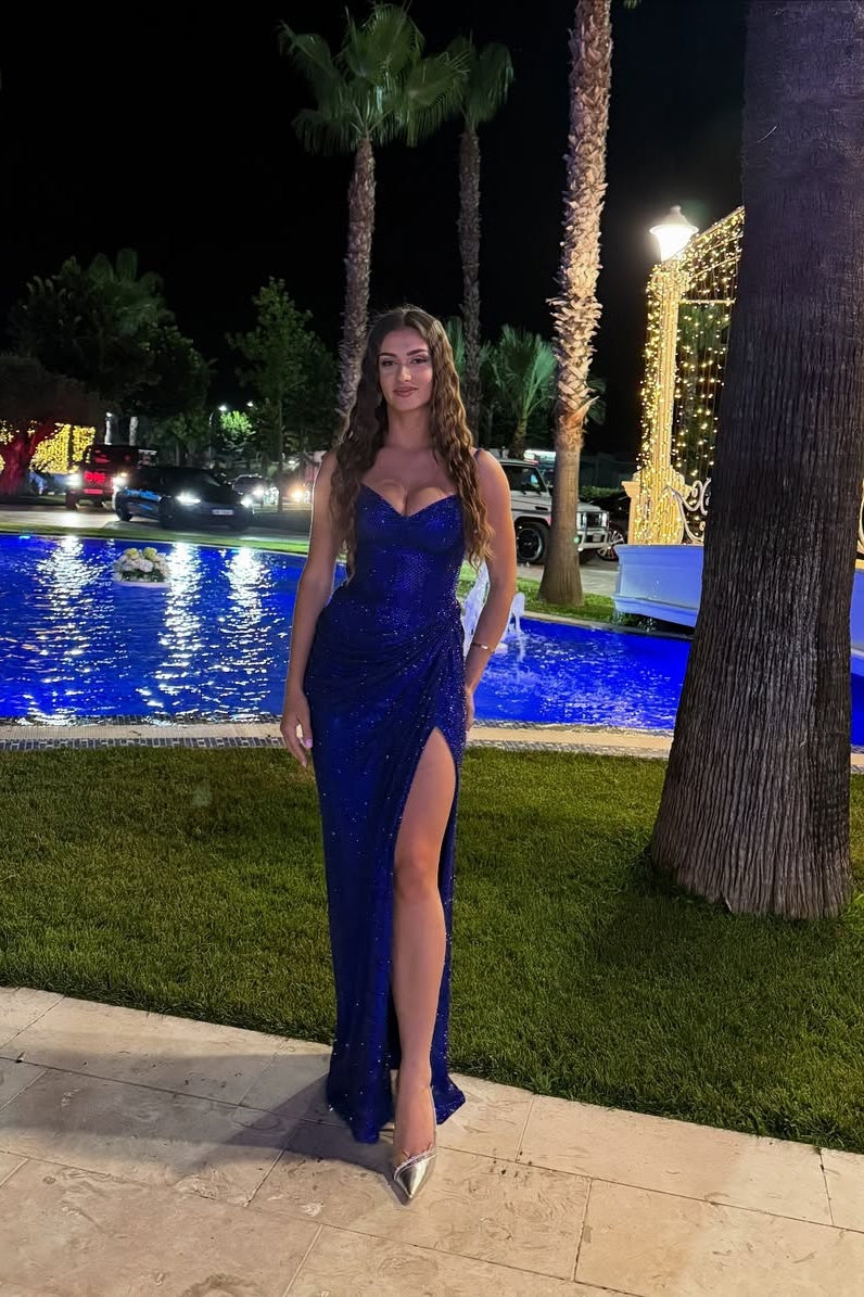 Royal Blue V Neck Spaghetti Straps Mermaid Prom Dress With Sequins