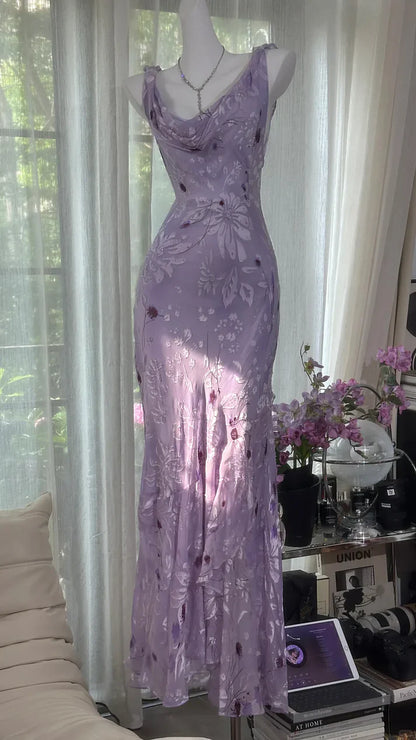 Gentle Retro Mermaid Straps Print Floral Purple Satin Prom Dress Formal Dress SH4021