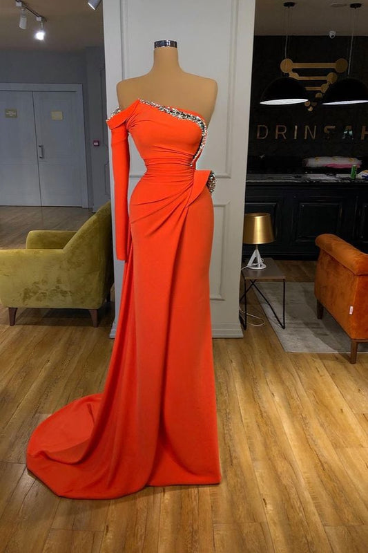 Orange Long Sleeves Sequins Mermaid Prom Dress