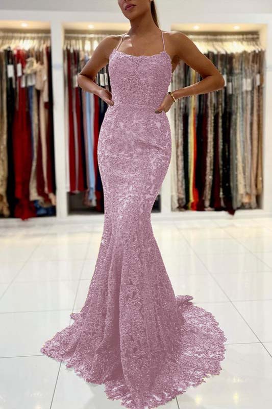 Gold Appliques Long Halter Straps Mermaid Evening Dress