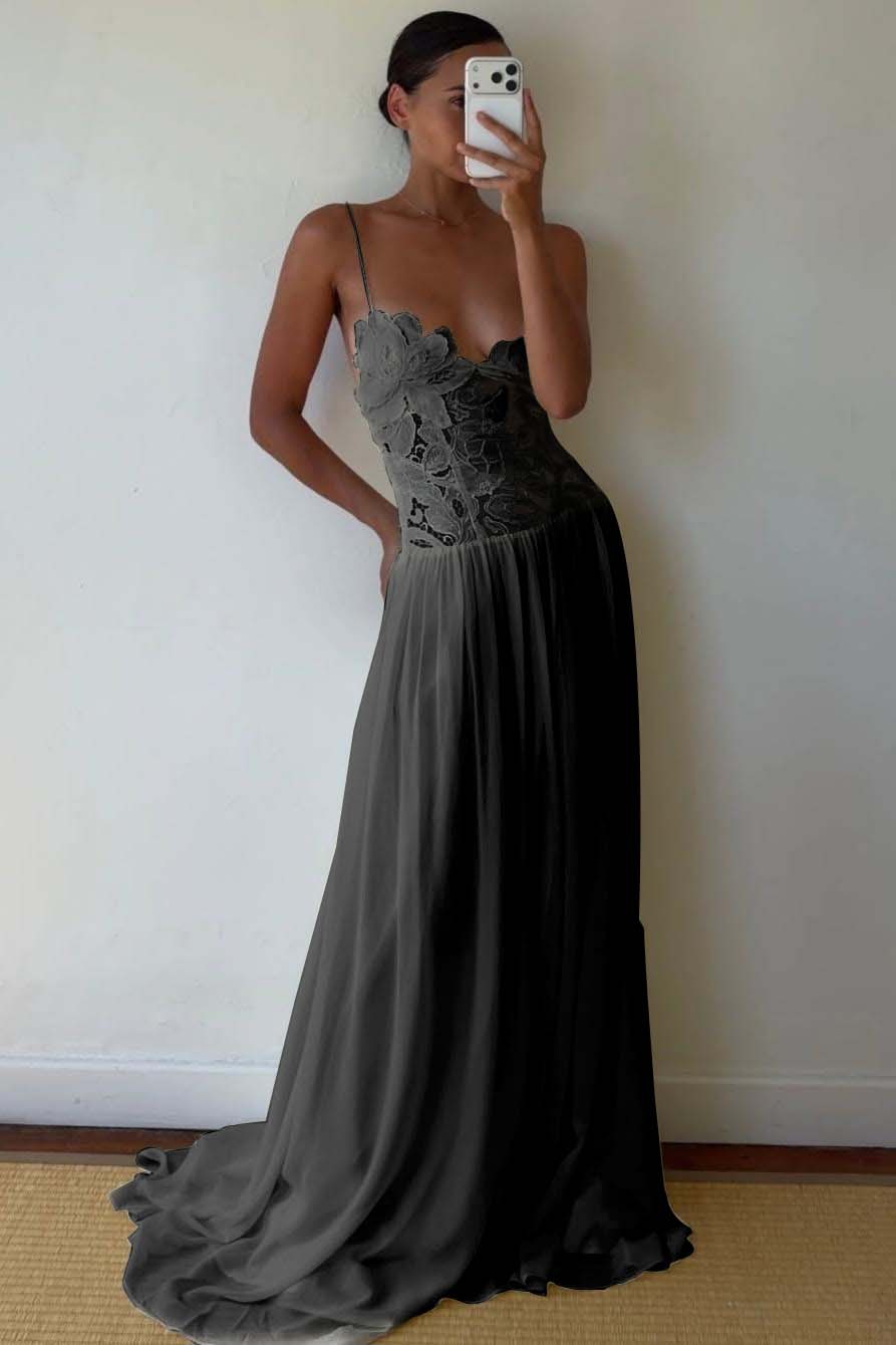Lace And Chiffon V-Neck Spaghetti Straps Long A-Line Evening Dress With Pleated