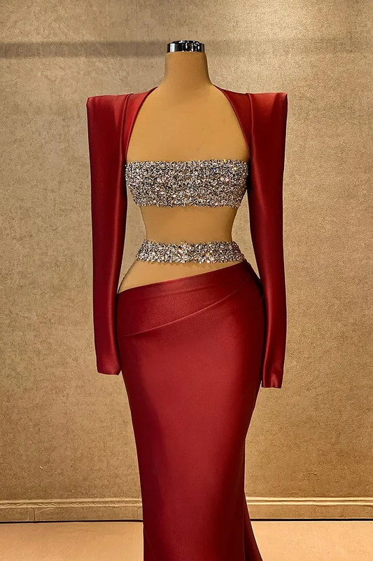 Red Gorgeous Long Sleeves Square Beads Mermaid Prom Dress