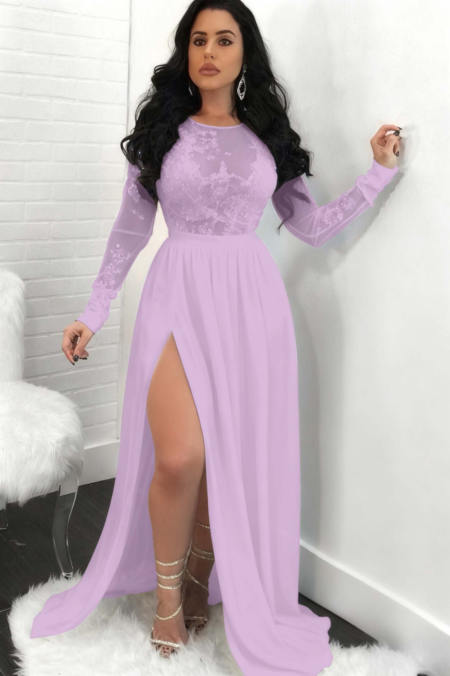 Sequins Long Sleeves Prom Dress Front Split
