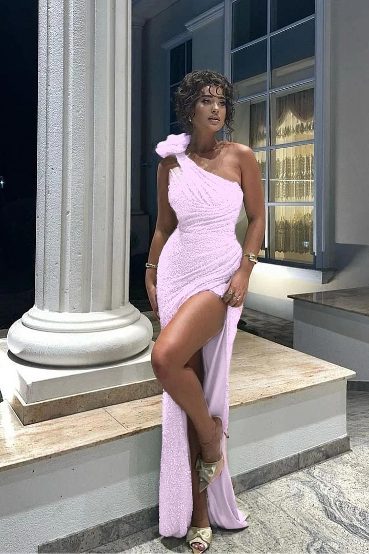 Glamorous Sequins One Shoulder Sleeveless Pleated Long Prom Dress with Split