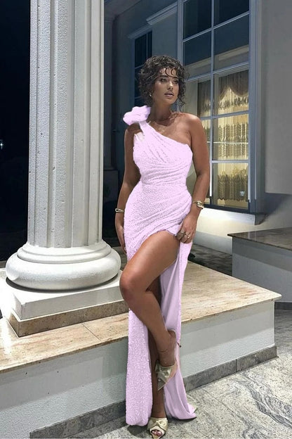 Glamorous Sequins One Shoulder Sleeveless Pleated Long Prom Dress with Split