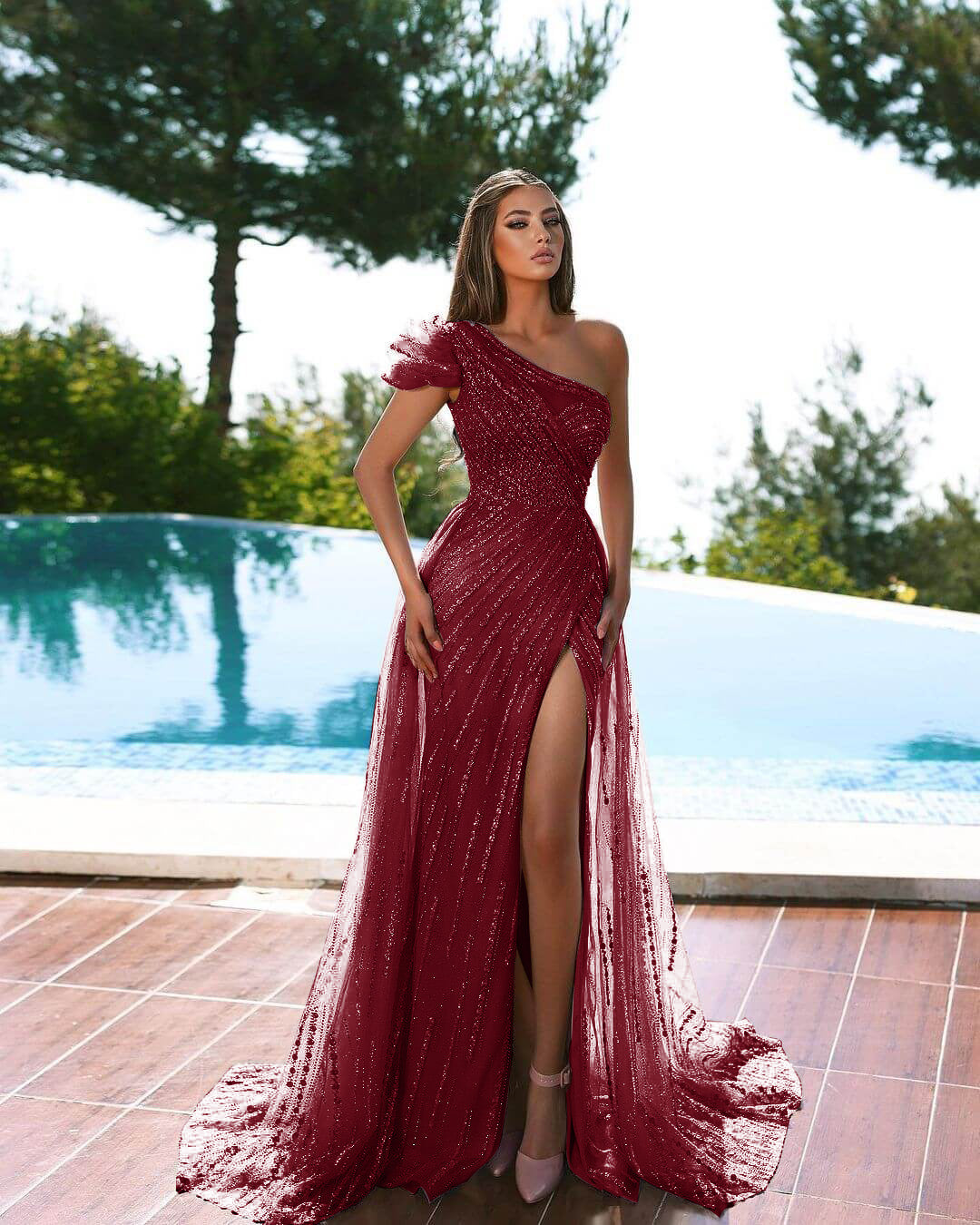 Chic One Shoulder Cap Sleeve Mermaid Evening Dress Tulle Long Slit with Beadings