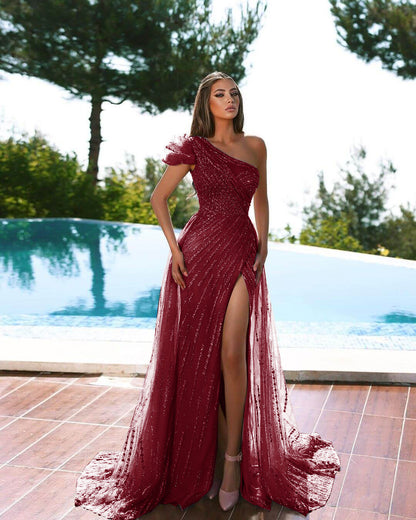 Chic One Shoulder Cap Sleeve Mermaid Evening Dress Tulle Long Slit with Beadings