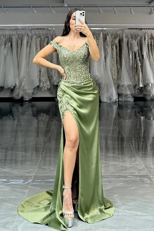 Green Sleeveless Off-Shoulders Mermaid Embroidery Prom Dress