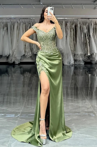 Green Sleeveless Off-Shoulders Mermaid Embroidery Prom Dress