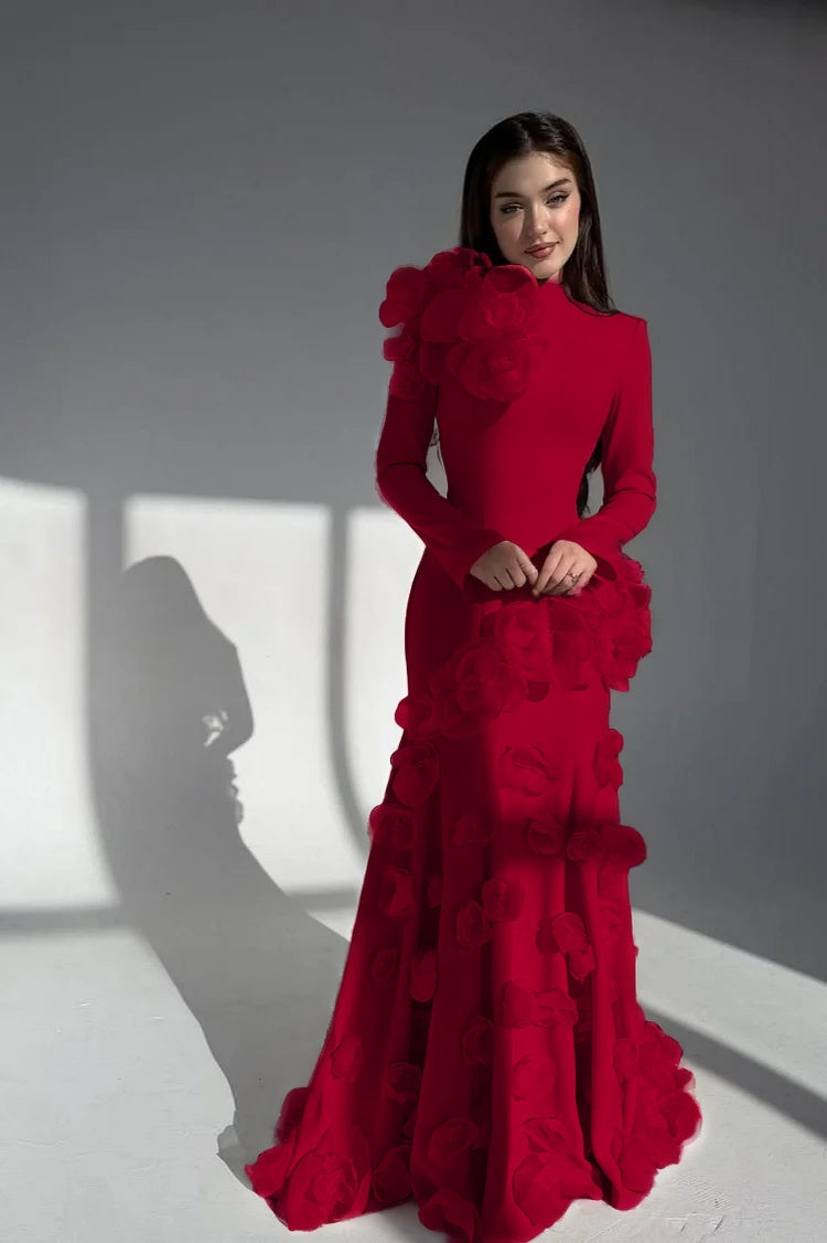 Elegant Long Sleeves Long Evening Dress With Handmade Flower