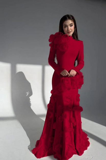 Elegant Long Sleeves Long Evening Dress With Handmade Flower