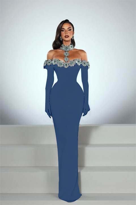 Charming Black Satin Long Sleeves Off the Shoulder Prom Dress with Beadings