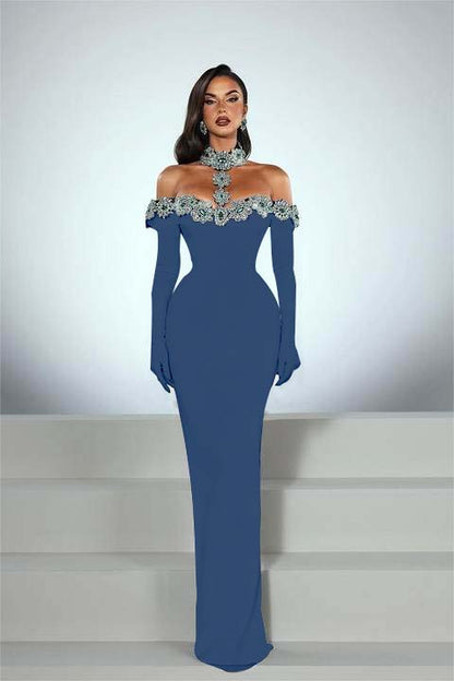 Charming Black Satin Long Sleeves Off the Shoulder Prom Dress with Beadings