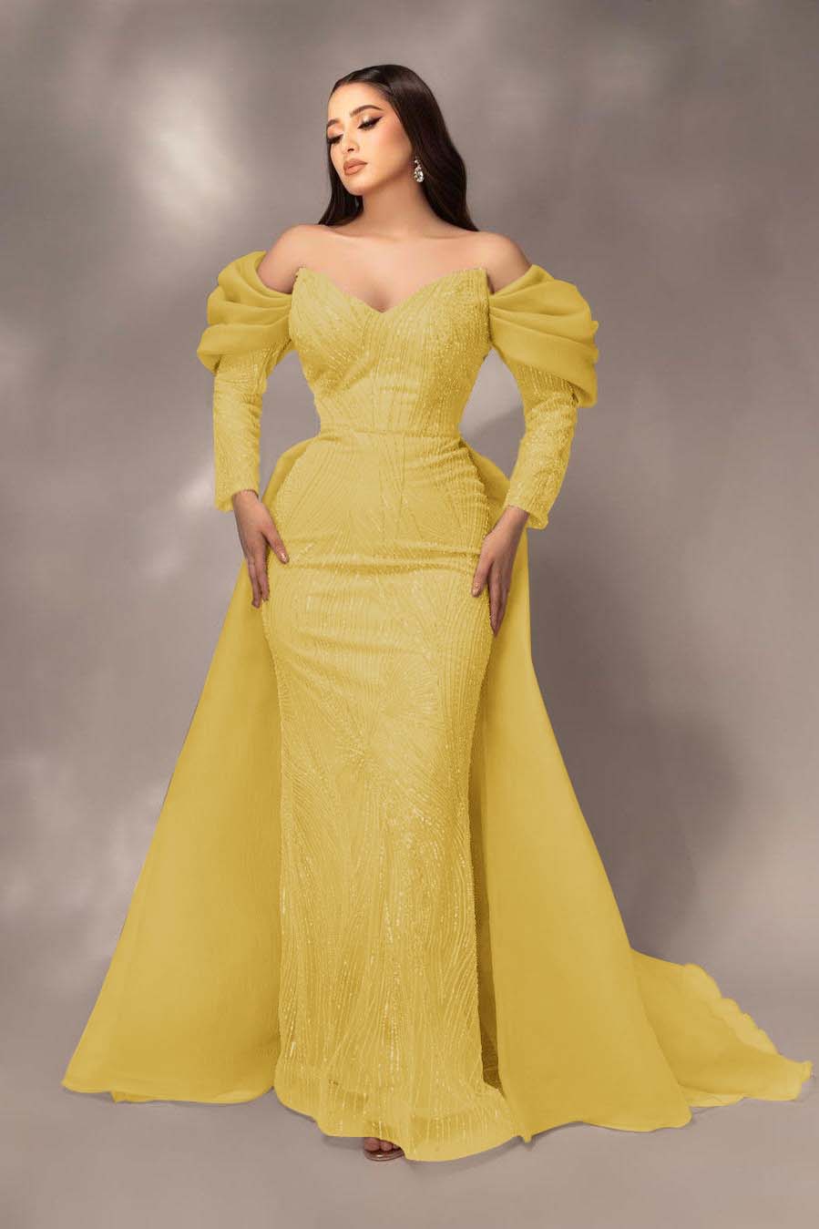 Glamorous Sequins Off the Shoulder Long Sleeves Mermaid Prom Dress with Pleated