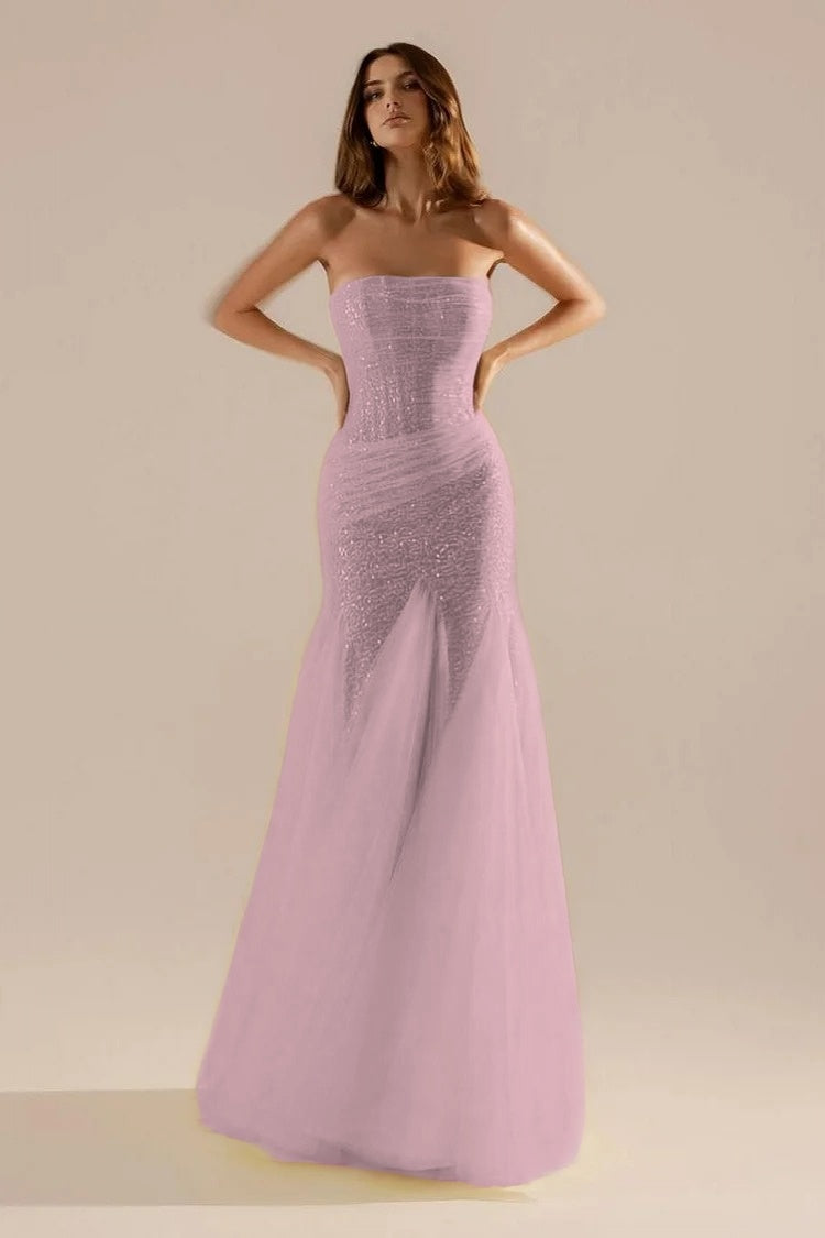 Sleeveless Strapless Square Prom Dress With Sequins