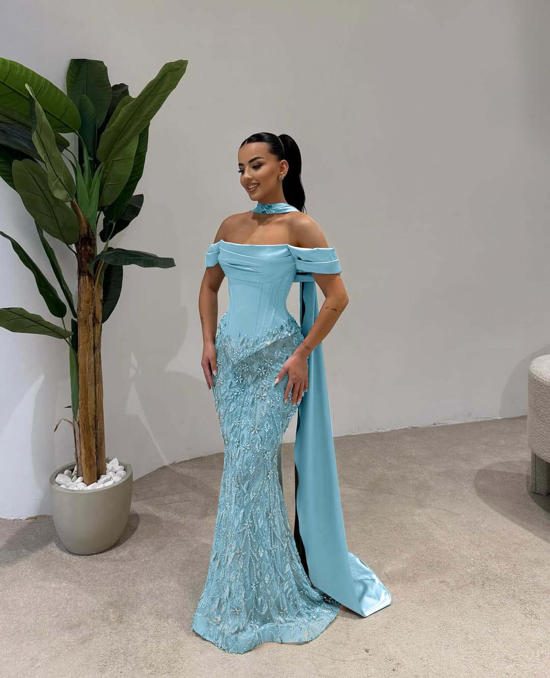 Off Shoulder Beads Mermaid Square Prom Dress With Scarf