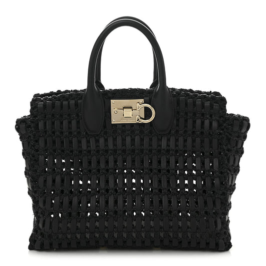 Raffia Calfskin The Studio Box Tote Black