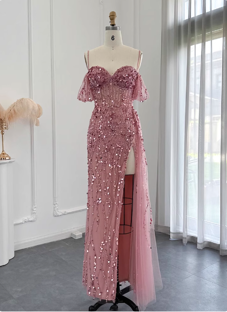 Stunning Pink Spaghetti Strap Slit Sequin Tulle Long Prom Dress Evening Dress P4629