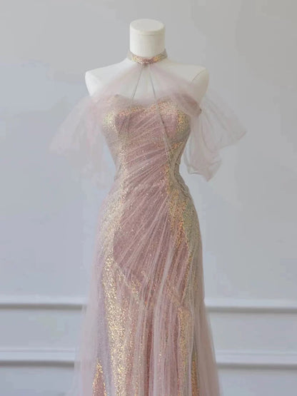 Sexy Mermaid Halter Pink Sequin Long Prom Dress Evening Dress Formal Dress SD1819
