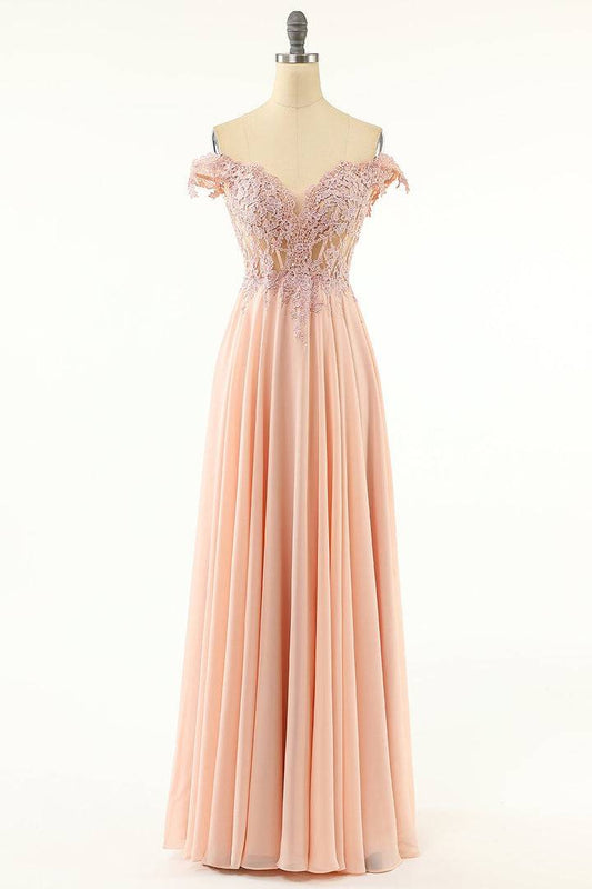 Off-Shoulder A-Line Empire Lace And Chiffon Prom Party Dress