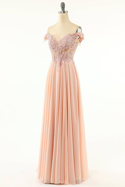 Off-Shoulder A-Line Empire Lace And Chiffon Prom Party Dress