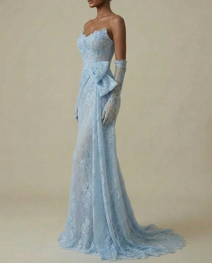 Elegant Sky Blue Sleeveless Mermaid Evening Embroidery Dress With Gloves