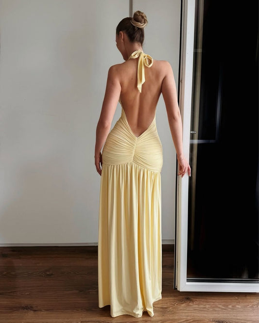 Elegant Daffodil Satin Halter Pleated Sleeveless Prom Dress with Split
