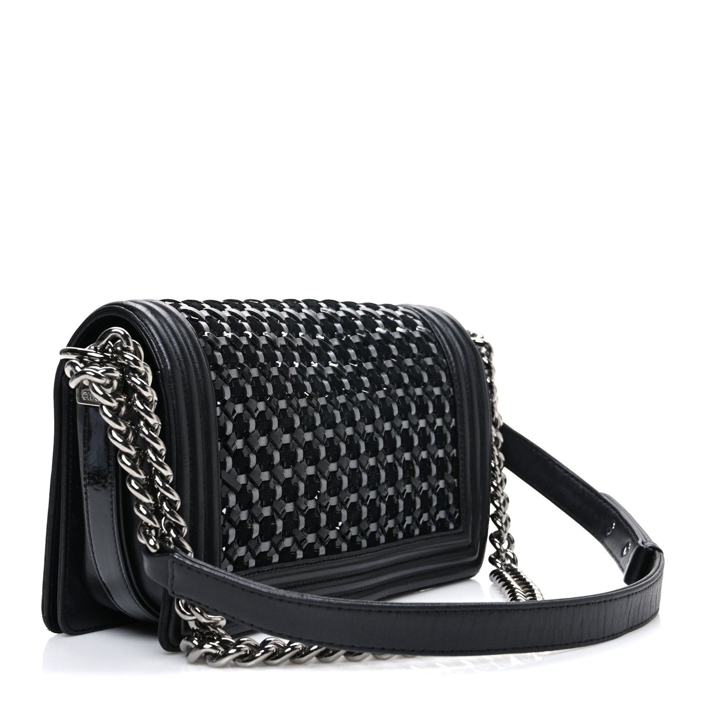 Calfskin Patent Braided Medium Boy Flap Black